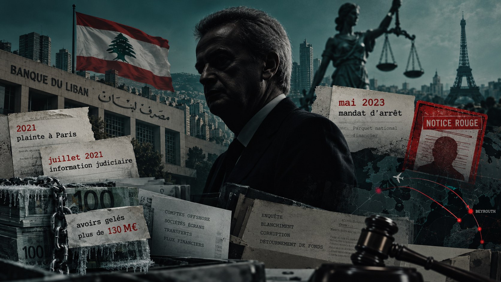 Editorial illustration evoking the Riad Salamé case — one of several French judicial proceedings linked to Lebanon's financial system described in this section: Banque du Liban, the scales of justice, the Eiffel Tower, and documents referencing the 2021 complaints, the July 2021 judicial investigation, the May 2023 arrest warrant and Interpol Red Notice, and the frozen assets.